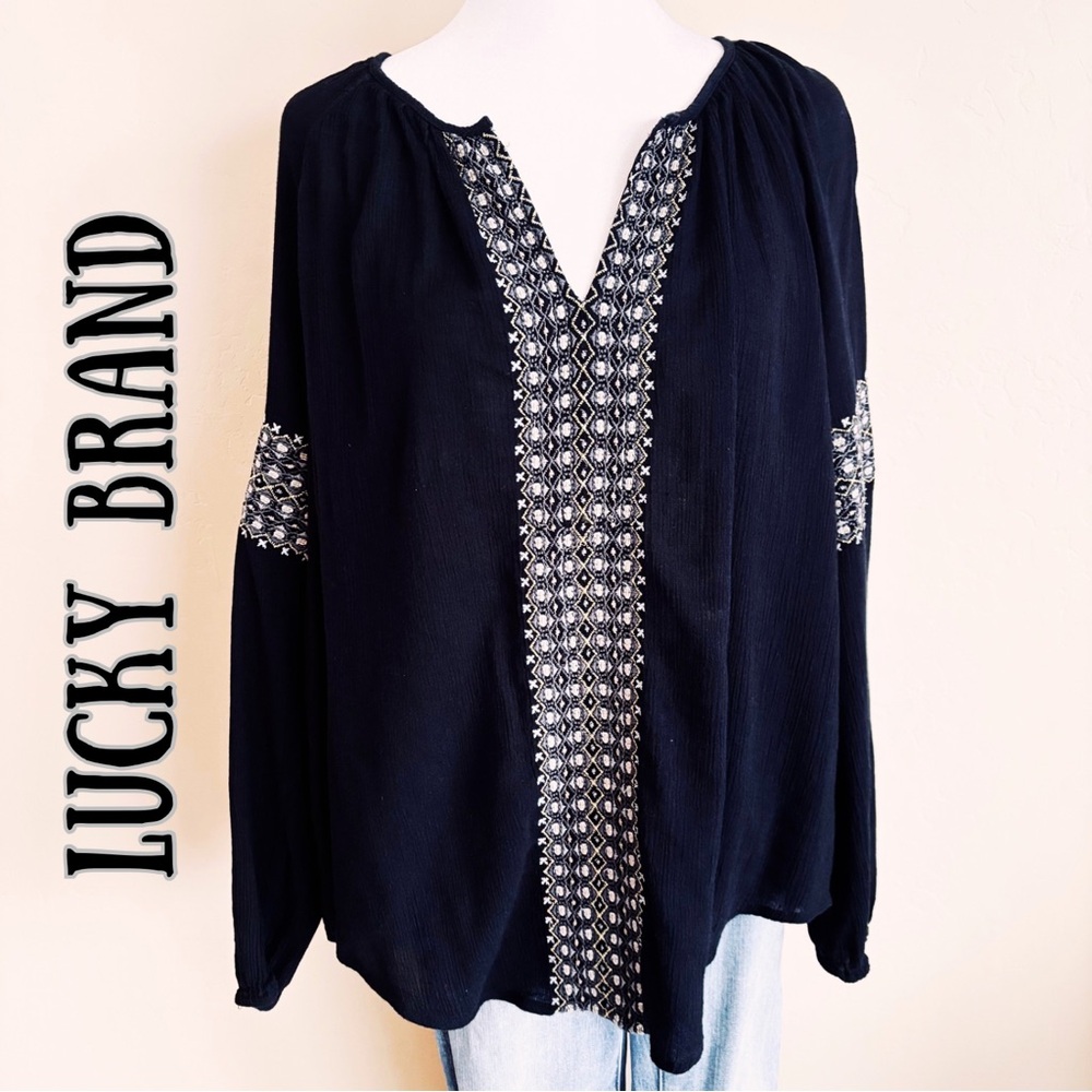 Lucky Brand Black Embroidered Peasant Blouse